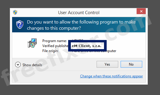 Screenshot where eM Client, s.r.o. appears as the verified publisher in the UAC dialog